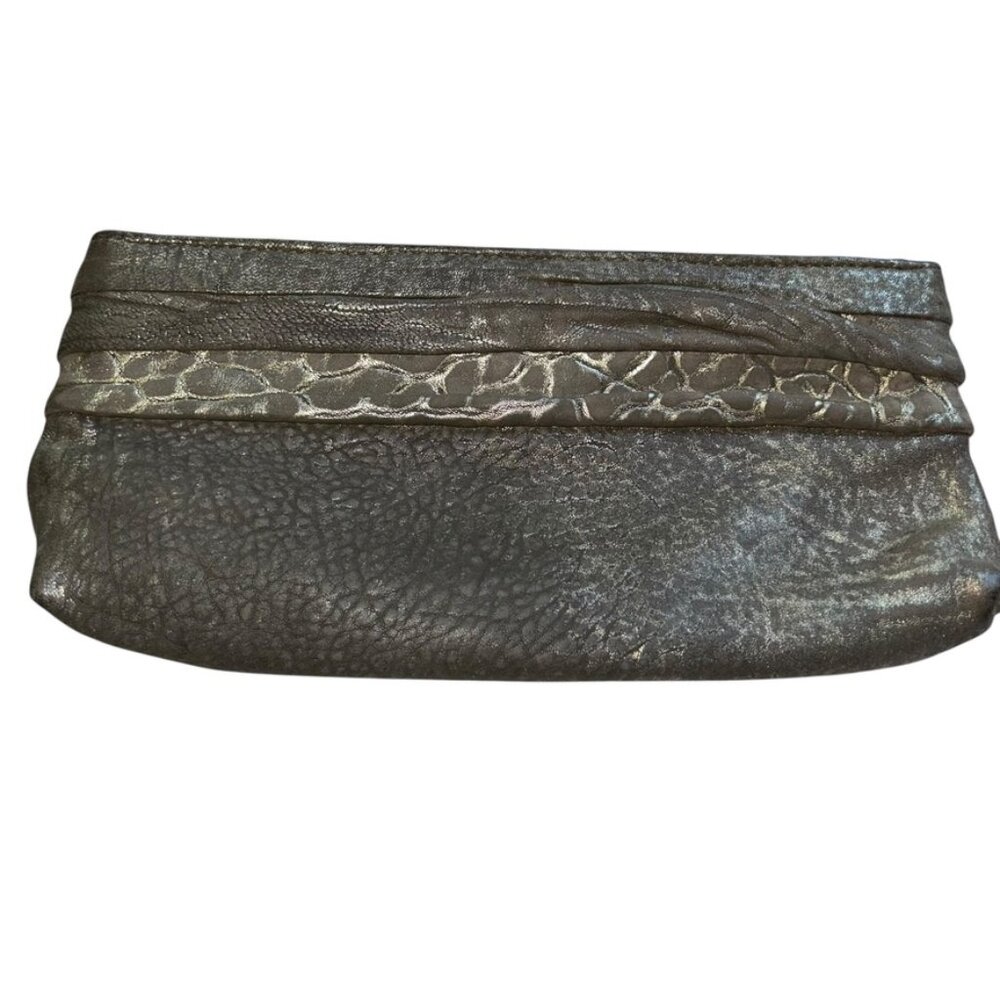 Lauren Merkin gray brushed gold leather giraffe print clutch purse bag